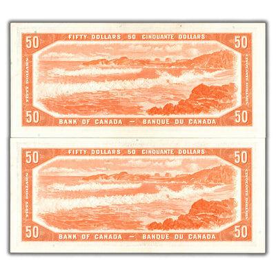 SOLD $50 1954 Bank of Canada Notes Beattie-Rasminsky BC-42b - Two Consecutive