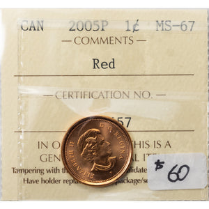 SOLD Canada 2005P 1 Small Cent Coin - ICCS MS-67 Red