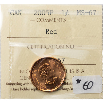 SOLD Canada 2005P 1 Small Cent Coin - ICCS MS-67 Red