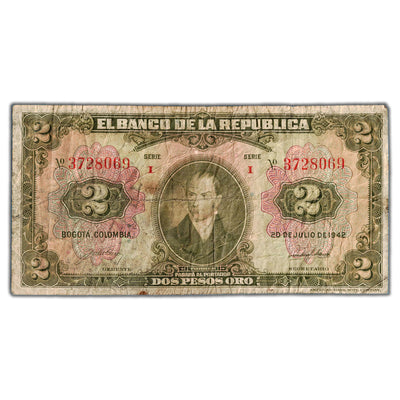 Colombia 1942 2 Two Pesos Note P #390a - Circulated
