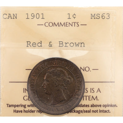 Canada 1901 1 Large Cent Coin - ICCS MS-63 Red & Brown