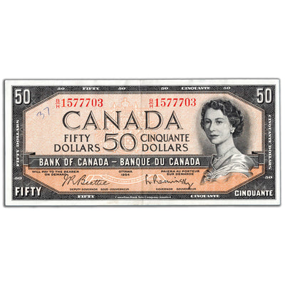$50 1954 Bank of Canada Note Beattie-Rasminsky B/H Prefix BC-42b - Writing