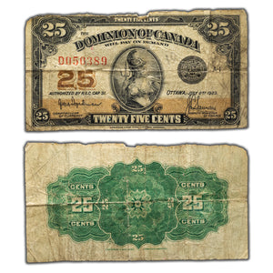 SOLD 25 Cents 1923 Dominion of Canada Shinplaster Note DC-24a - Damaged Filler