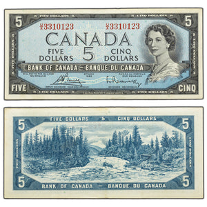 SOLD $5 1954 Bank of Canada Note Bouey-Rasminsky U/X Prefix BC-39b - EF