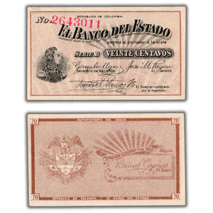 SOLD Colombia El Banco Del Stado 1900 20 Centavos Note P #S502 - AU