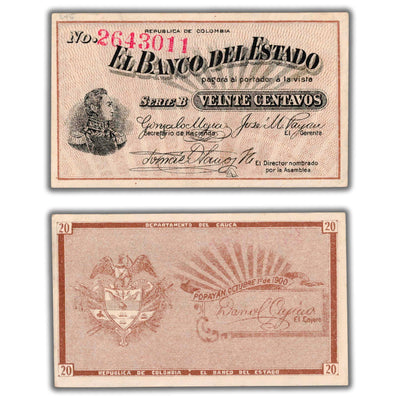 SOLD Colombia El Banco Del Stado 1900 20 Centavos Note P #S502 - AU