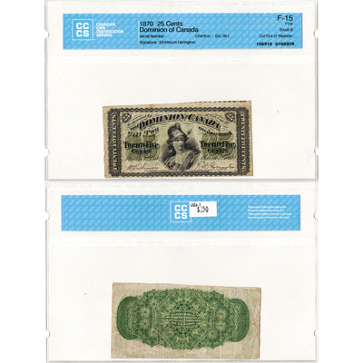 25 Cents 1870 Dominion of Canada Shinplaster Note DC-1b-i - CCCS F-15
