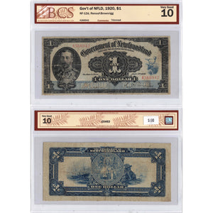 SOLD $1 1920 Government of Newfoundland Note Renouf-Brownrigg NF-12d - BCS VG-10