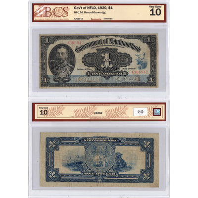 SOLD $1 1920 Government of Newfoundland Note Renouf-Brownrigg NF-12d - BCS VG-10