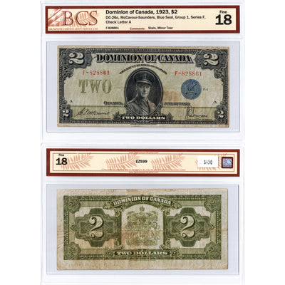 SOLD $2 1923 Dominion of Canada Note Blue Seal Series F DC-26c - BCS F-18