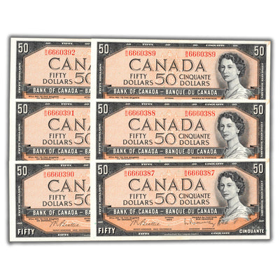 SOLD $50 1954 Bank of Canada Note Beattie-Rasminsky BC-42b - 6 Consecutive AU+
