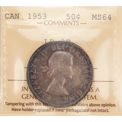 SOLD Canada 1953 LD SF 50 Cents Half Dollar Silver Coin - ICCS MS-64