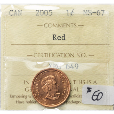 SOLD Canada 2005 1 Small Cent Coin - ICCS MS-67 Red