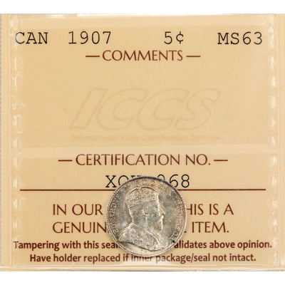 Canada 1907 5 Cents Silver Coin - ICCS MS-63