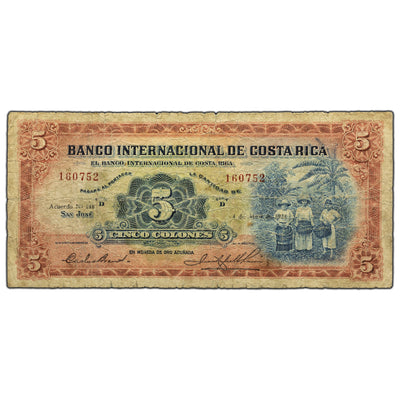 SOLD Costa Rica; Banco Internacional De Costa Rica 1934 5 Colones Note P #180a