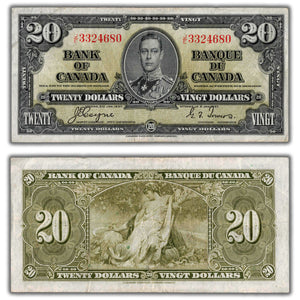 SOLD $20 1937 Bank of Canada Note Coyne-Towers J/E Prefix BC-25c - VF