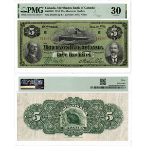 SOLD $5 1916 Merchants Bank of Canada Chartered Note #460-18-02 - PMG VF-30