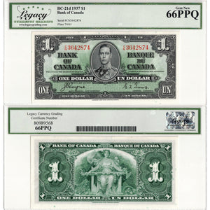 $1 1937 Bank of Canada Note Coyne-Towers C/N Prefix BC-21d - Legacy UNC-66 PPQ