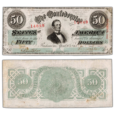 SOLD United States 1863 Confederate States $50 Fifty Dollars Note Counterstamp - VF/EF