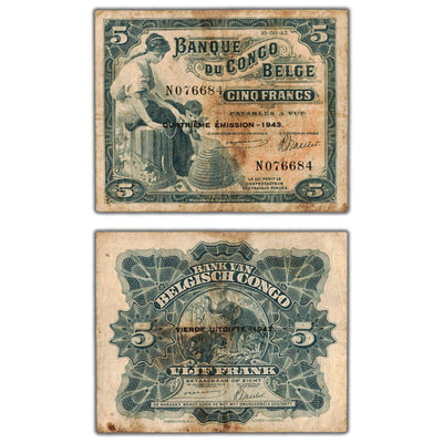 Belgian Congo 1943 5 Five Francs Note P #13Ab