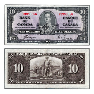 SOLD $10 1937 Bank of Canada Note Coyne-Towers K/T Prefix BC-24c - Crisp VF/EF