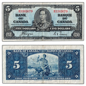 SOLD $5 1937 Bank of Canada Note Coyne-Towers B/S Prefix BC-23c - Minor Writing on Back