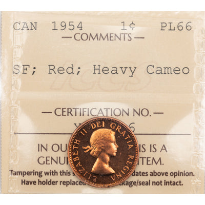 SOLD Canada 1954 SF 1 Small Cent Coin - ICCS Proof-Like PL-66 Heavy Cameo