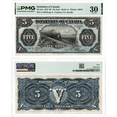 $5 1912 Dominion of Canada Note No Seal Series A DC-21a - PMG VF-30
