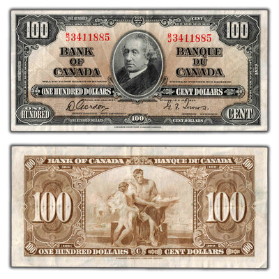 SOLD $100 1937 Bank of Canada Note Gordon-Towers B/J Prefix BC-27b - VF