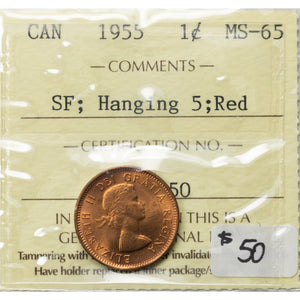 SOLD Canada 1955 SF Hanging 5 1 Small Cent Coin - ICCS MS-65 Red
