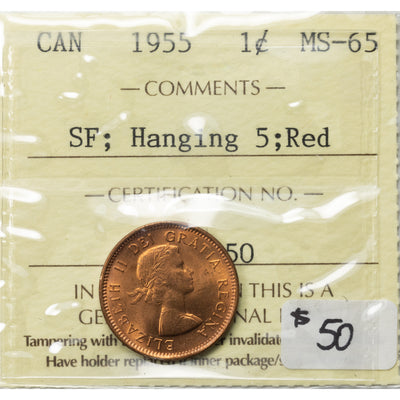 SOLD Canada 1955 SF Hanging 5 1 Small Cent Coin - ICCS MS-65 Red