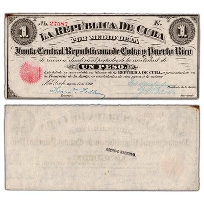 Cuba Junta Central Republicana de Cuba y Puerto Rico 1869 1 One Peso Note P #61 - AU/UNC