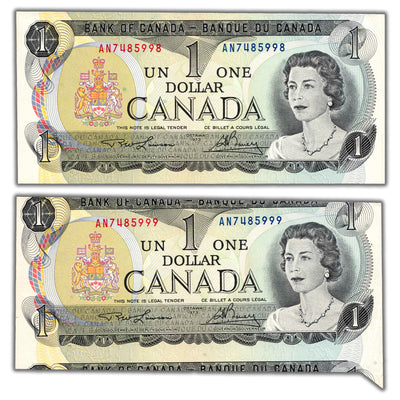 SOLD $1 1973 Bank of Canada Notes Cutting and Folding Error With Sequential Note