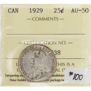 SOLD Canada 1929 25 Cents Quarter Silver Coin - ICCS AU-50