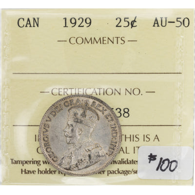 SOLD Canada 1929 25 Cents Quarter Silver Coin - ICCS AU-50