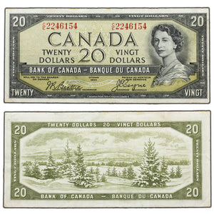 SOLD $20 1954 Bank of Canada Note Devil Face C/E Prefix BC-33b - VF (light edge stains)