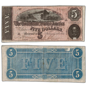 SOLD United States 1864 Confederate States of America $5 Five Dollars Note - VF