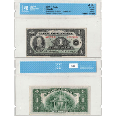 $1 1935 Bank of Canada Note English Text Letter A BC-1 - CCCS VF-30