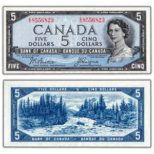 SOLD $5 1954 Bank of Canada Note Devil Face E/C Prefix BC-31b - AU
