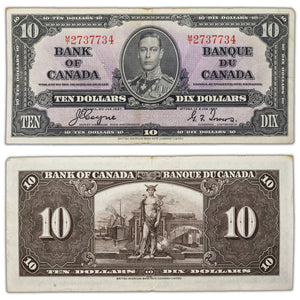 SOLD $10 1937 Bank of Canada Note Coyne-Towers M/T Last Prefix BC-24c - VF+