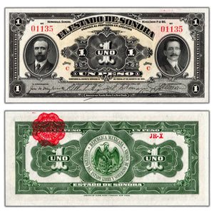 SOLD Mexico Estado De Sonora 1915 1 One Peso Note P #S1071 - AU/UNC