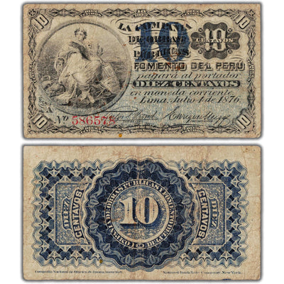 Peru Compania de Obras Publicas Y Fomento Del Peru 1876 10 Centavos Note P #S441 - Minor Pinholes
