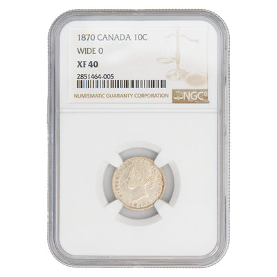 Canada 1870 Wide 0 10 Cents Dime Silver Coin - NGC XF-40