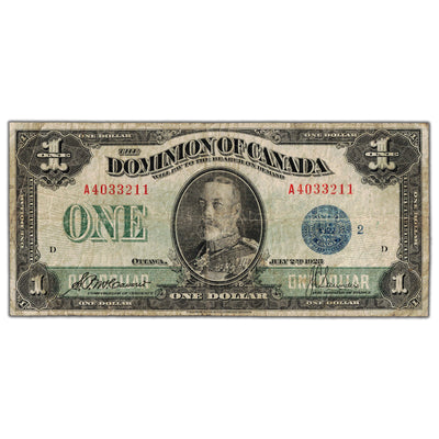 $1 1923 Dominion of Canada Note Blue Seal Series A DC-25h - Fine