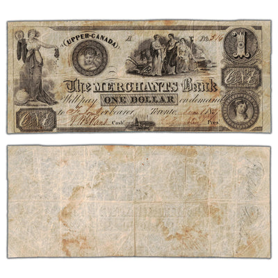 SOLD $1 1837 The Merchants Bank Upper Canada Note - Stained