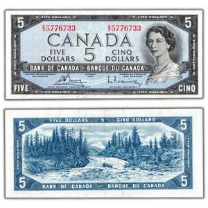 SOLD $5 1954 Bank of Canada Note Bouey-Rasminsky S/X Prefix BC-39c - EF (cleaned)