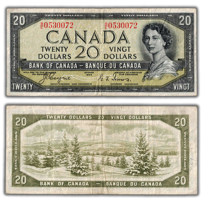 $20 1954 Bank of Canada Note Devil Face B/E Changeover Prefix BC-33a - Fine+