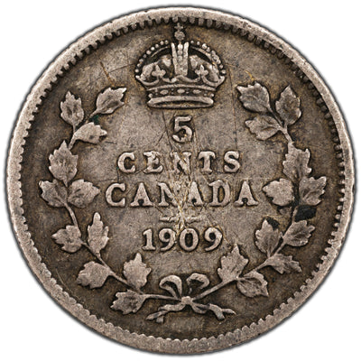 Canada 1909 Round Leaves Cross/Bow Tie 5 Cents Silver Coin - VG-10 (scratches)
