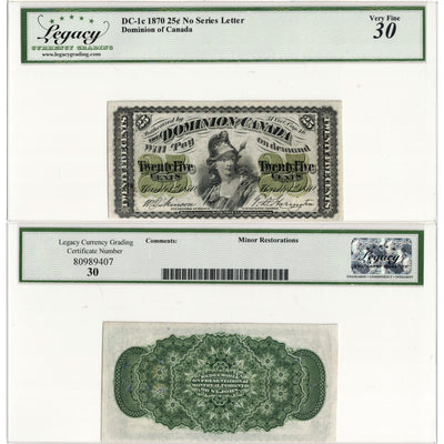 SOLD 25 Cents 1870 Dominion of Canada Shinplaster Note Plain DC-1c - Legacy VF-30