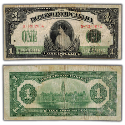 SOLD $1 1917 Dominion of Canada Note Seal Over One Series D DC-23c - Stained/Residue
